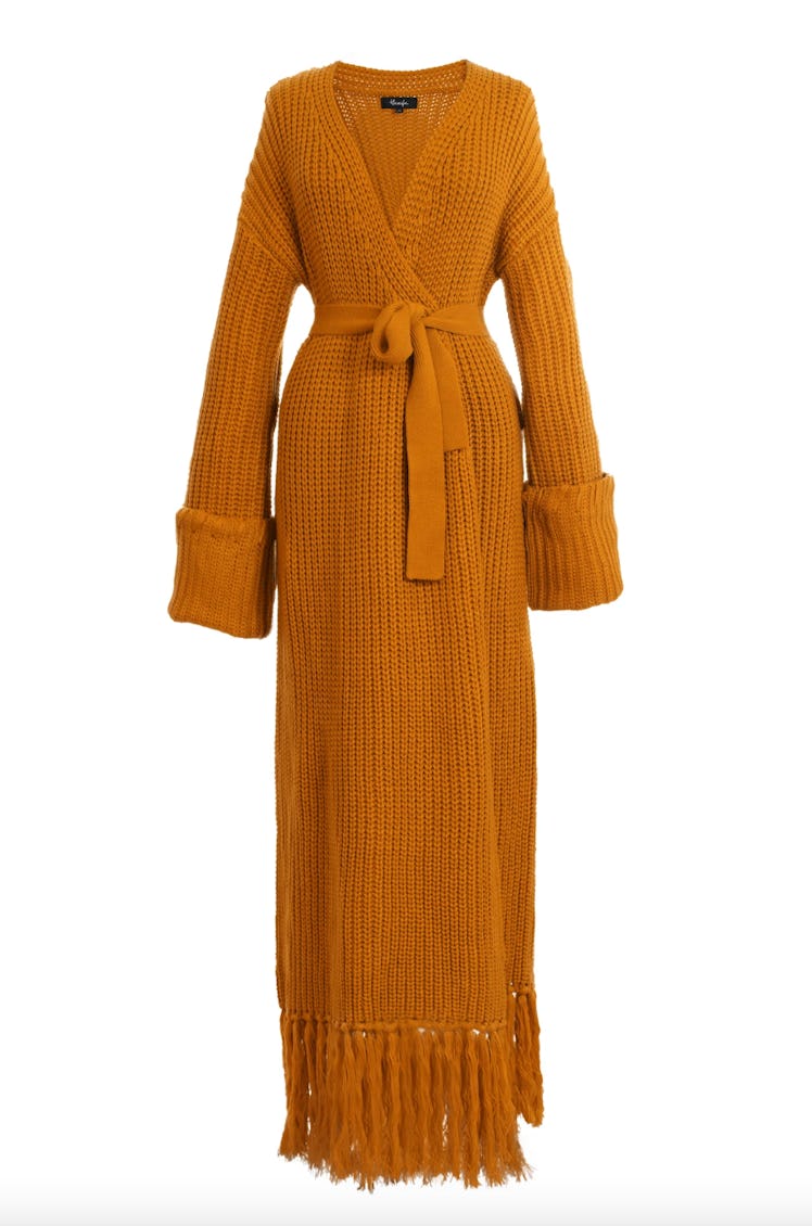 Non-Maternity Dress Brands Hanifa orange knit robe dress with fringe