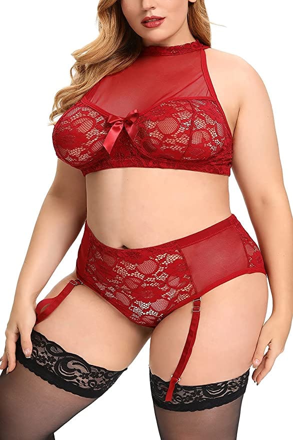EVELUST Halter Lace Bra And Garter Panty Set (2-Piece)