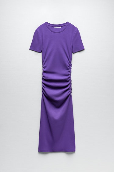 Non-Maternity Dress Brands Zara purple ruched rib t-shirt dress
