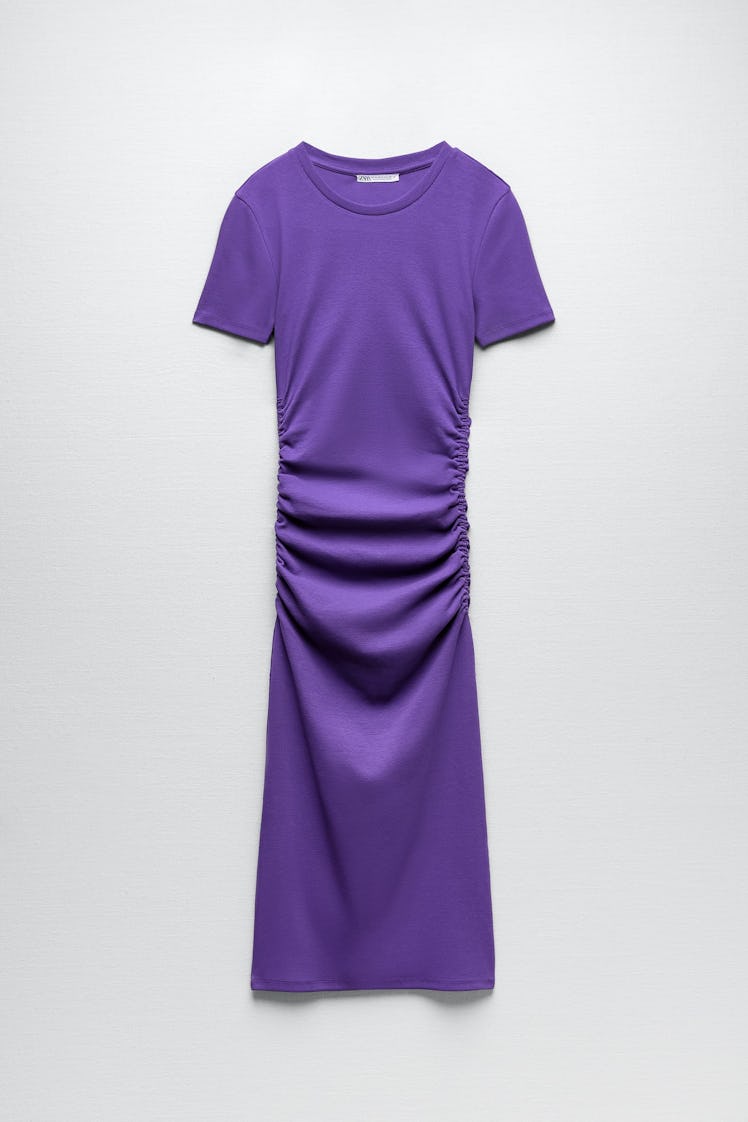 Non-Maternity Dress Brands Zara purple ruched rib t-shirt dress