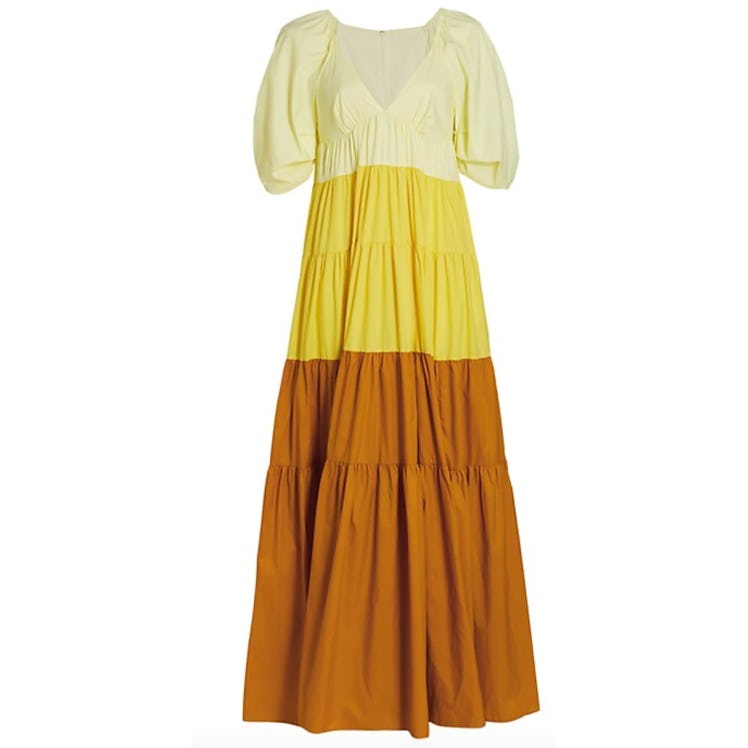Non-Maternity Dress Brands Staud yellow ombre tiered puff sleeve cotton maxi 