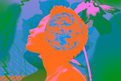 Digital art of a girl painted in orange with the Earth in her head as environmental activism can imp...