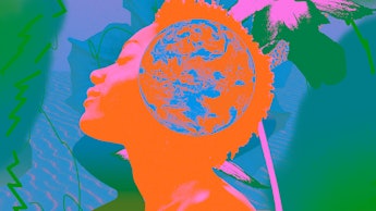 Digital art of a girl painted in orange with the Earth in her head as environmental activism can imp...