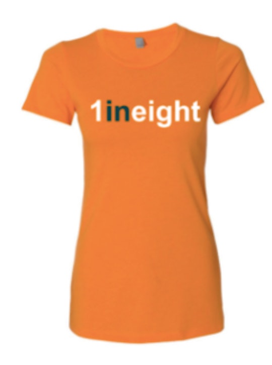 An orange t-shirt reading 1 in 8 is a symbol of infertility, orange is the infertility awareness col...