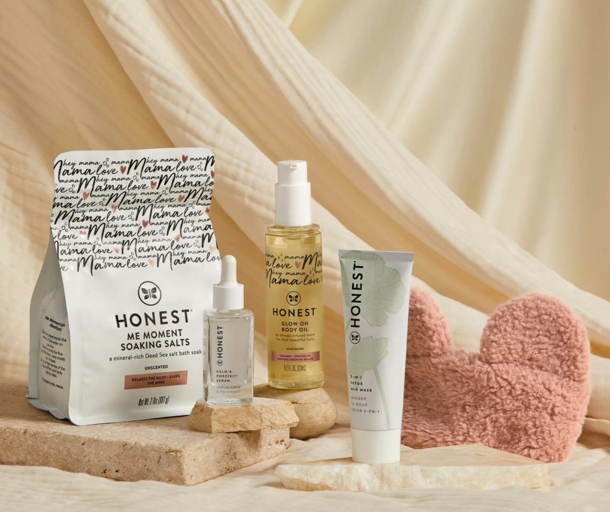 Honest Beauty spa kit with mask, serum, headband, and bath salts