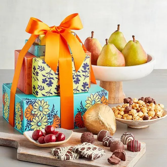 Harry & David treats box with fruit, popcorn, and chocolate