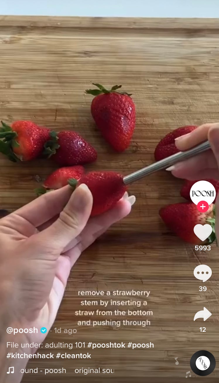 These Poosh kitchen hacks from TikTok include how to de-stem strawberries. 