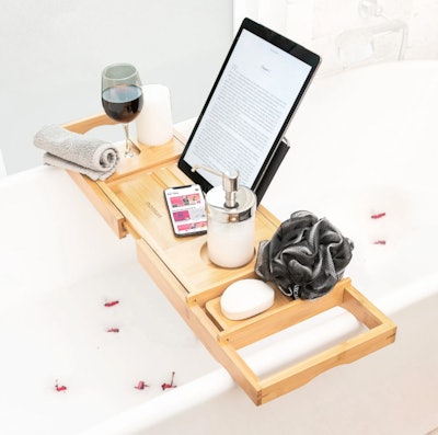 This bamboo bathtub tray is one of the best gifts to give your pregnant wife for Mother's Day.