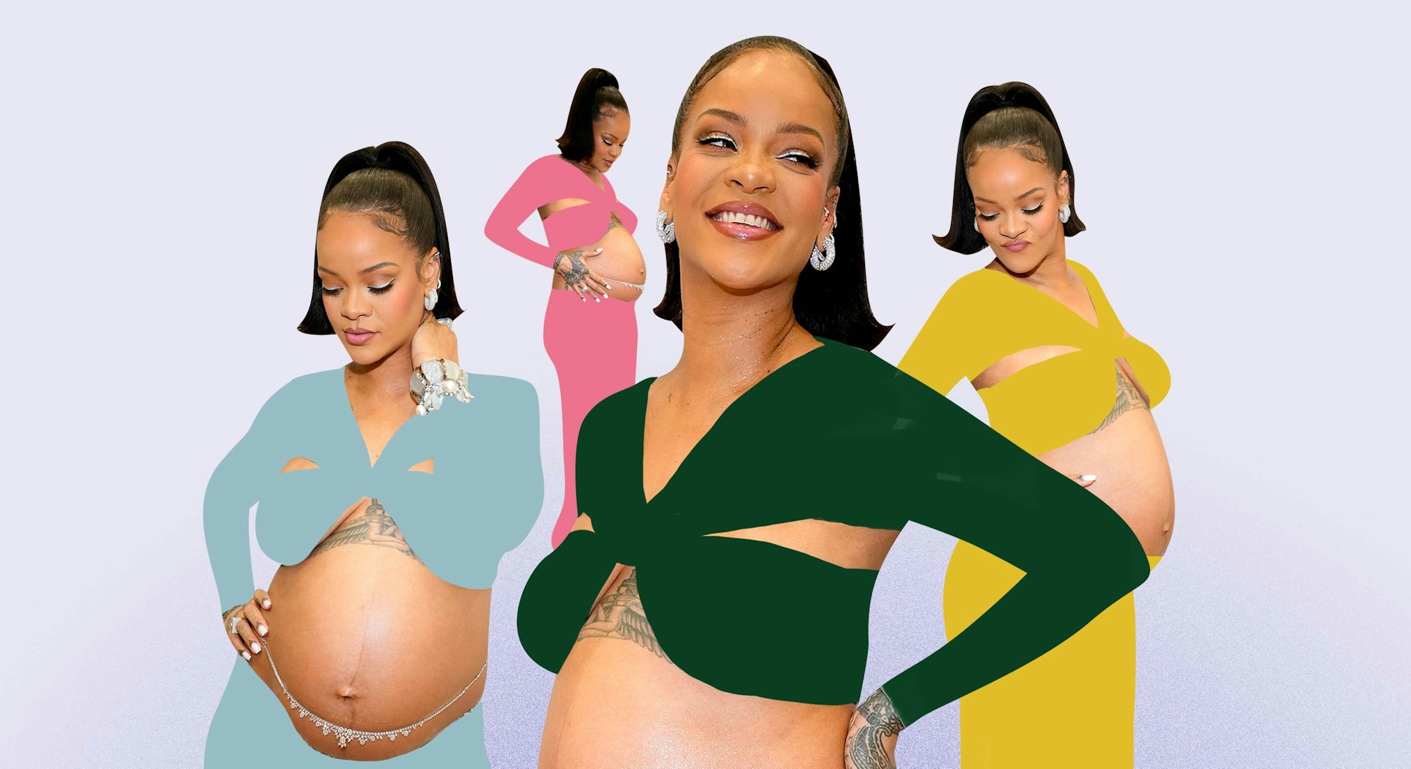 A collage of pregnant Rihanna in the same cutout dress in green, blue, pink and yellow