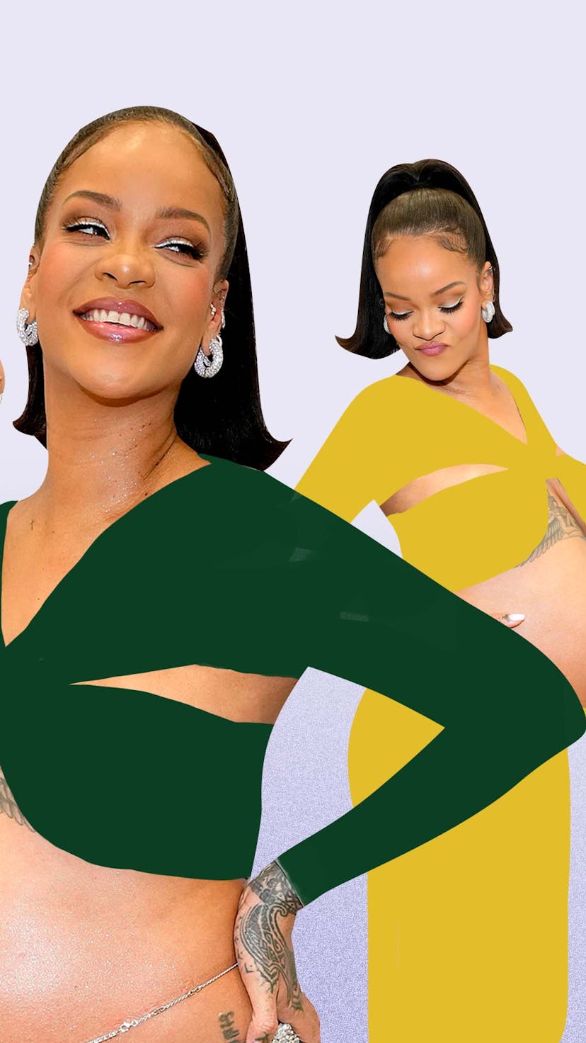 A collage of pregnant Rihanna in the same cutout dress in green, blue, pink and yellow