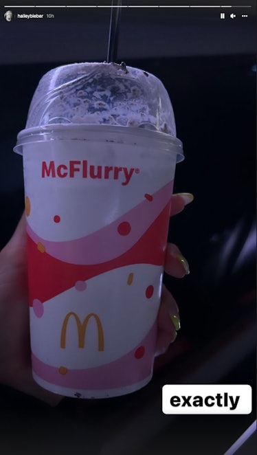 Hailey Bieber holding a McFlurry in an Instagram Story captioned "exactly"