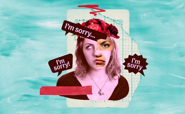 Collage on a blue background with a young girl with text bubbles over her, sick of hearing " I'm sor...