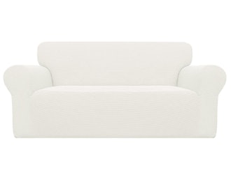 Stretchy couch slipcover made of polyester spandex fabric and protects furniture