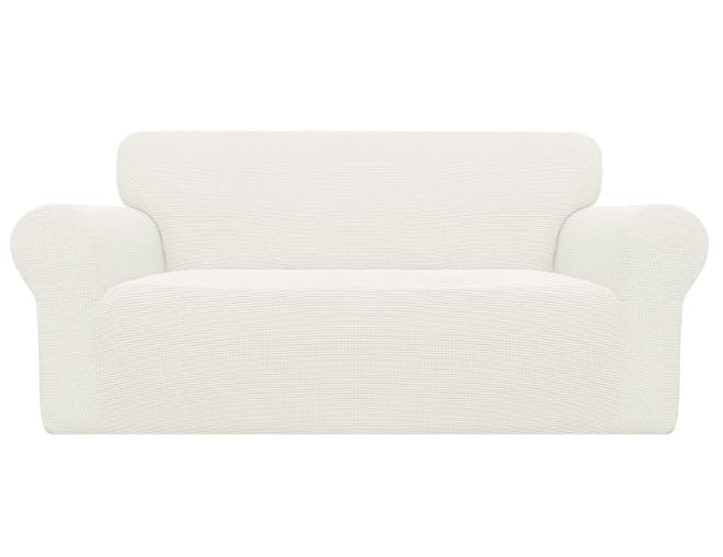 Stretchy couch slipcover made of polyester spandex fabric and protects furniture