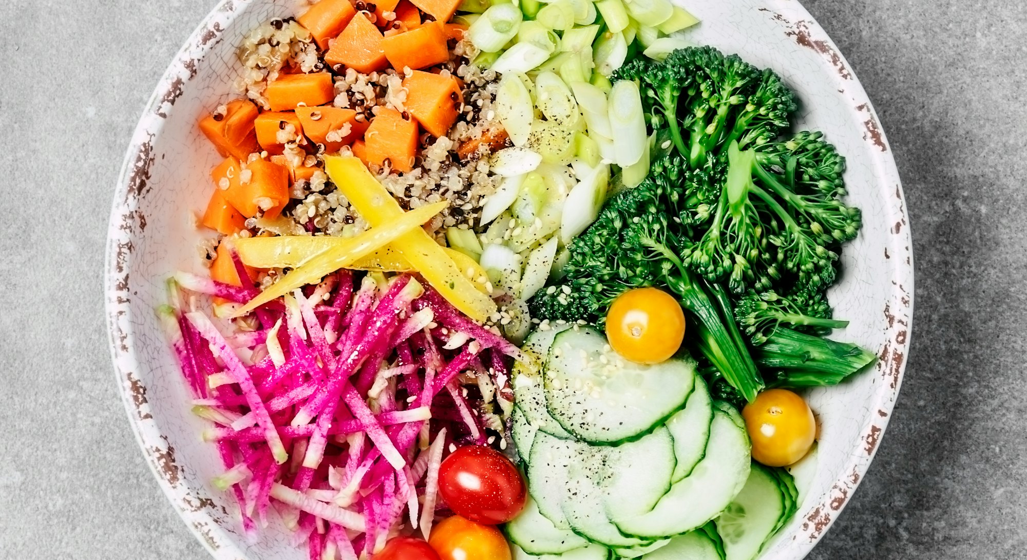 salad featuring sweet potatoes, broccoli, and more is like the popular tik tok salads of today