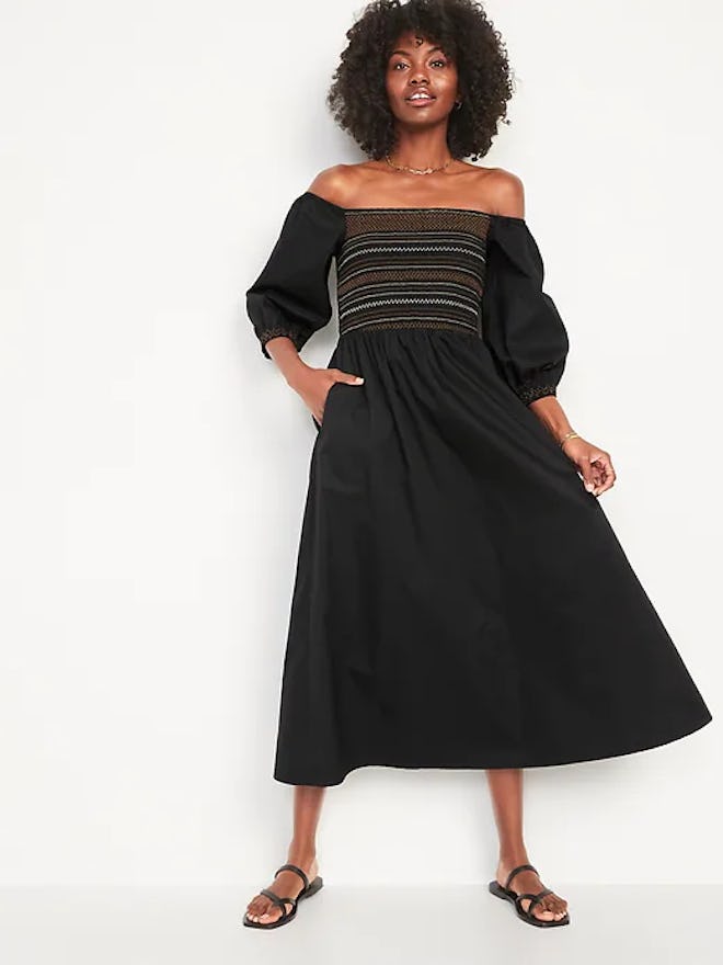 Fit & Flare Cotton-Poplin Smocked Off-the-Shoulder Maxi Dress in Black Jack