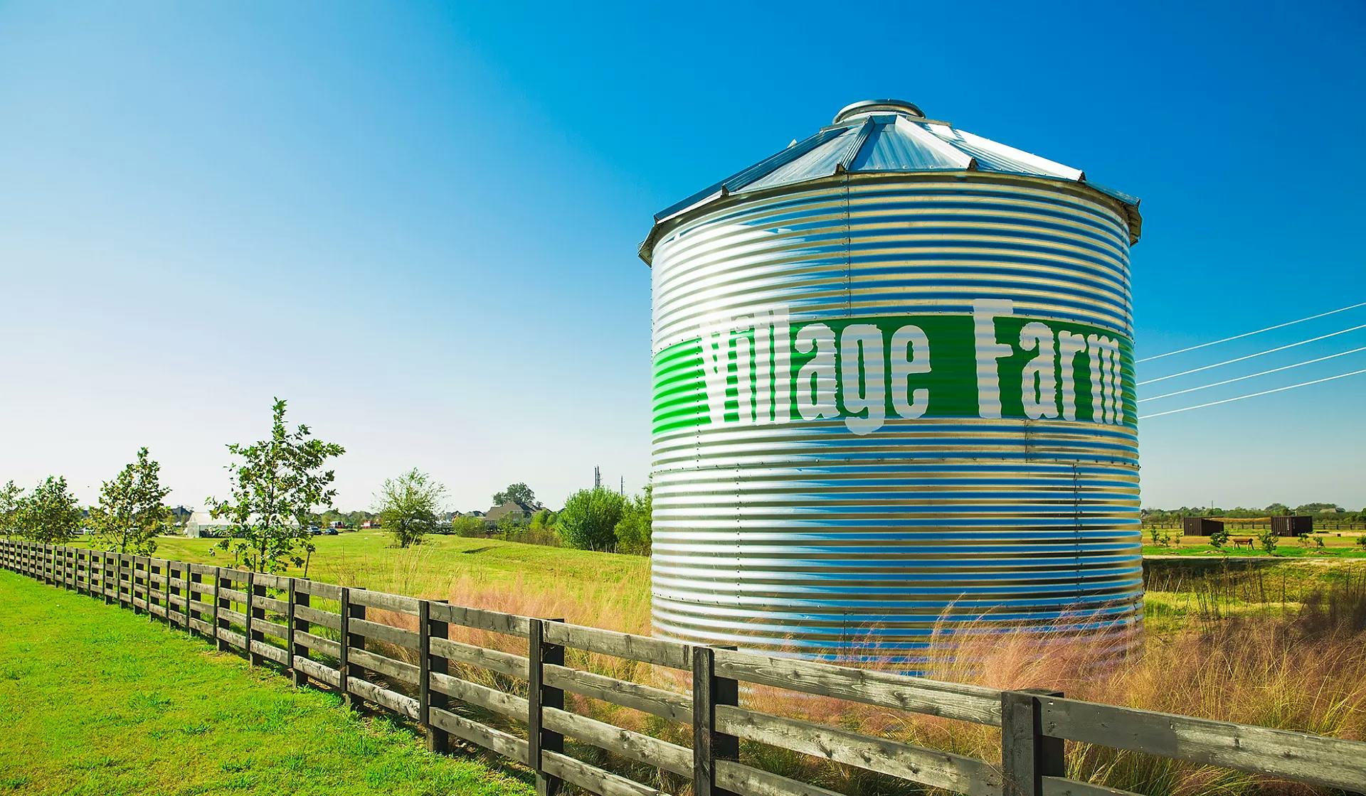A silo at the village farm at the Harvest Green agrihood outside of Houston, Texas.