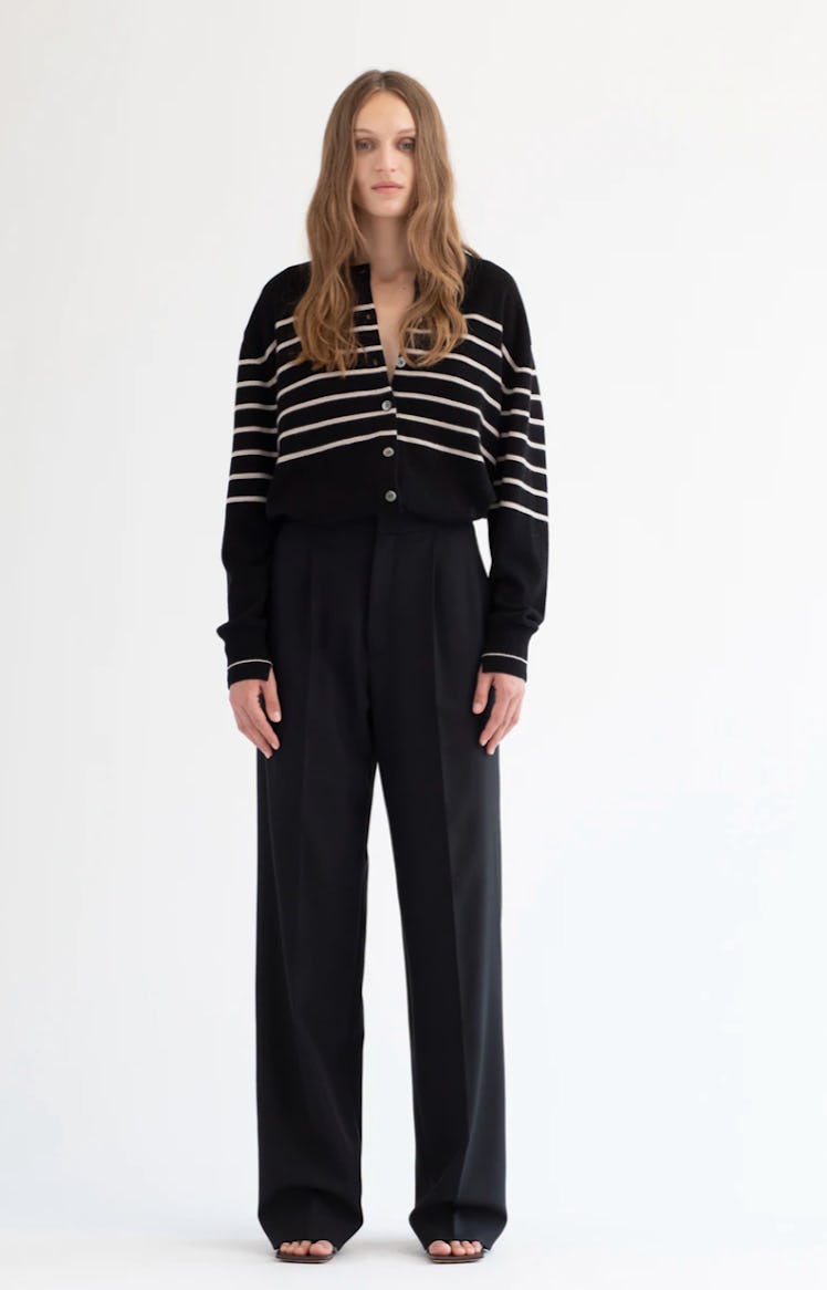 Recycled Cashmere Classic Crew Cardigan in Black w/ Crema Stripe