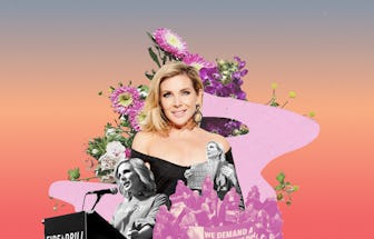 June Diane Raphael's illustration with a flower background and collage of her activist speeches