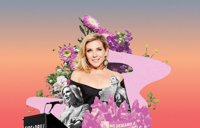 June Diane Raphael's illustration with a flower background and collage of her activist speeches