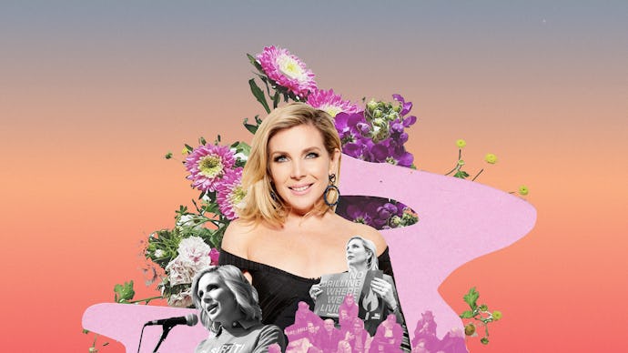 June Diane Raphael's illustration with a flower background and collage of her activist speeches