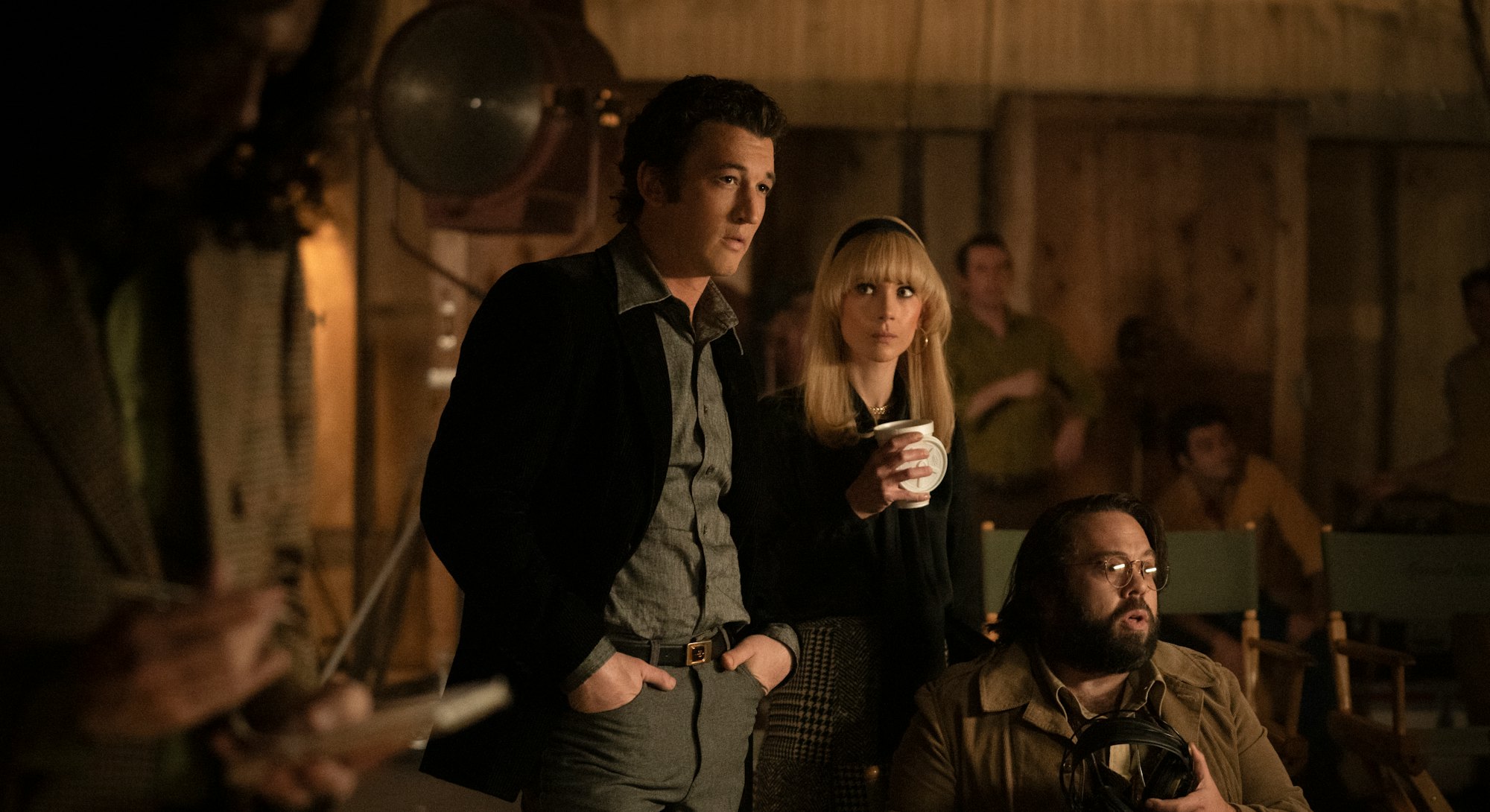 Miles Teller as Al Ruddy, Juno Temple as Bettye McCartt and Dan Fogler as Francis Ford Coppola in 'T...