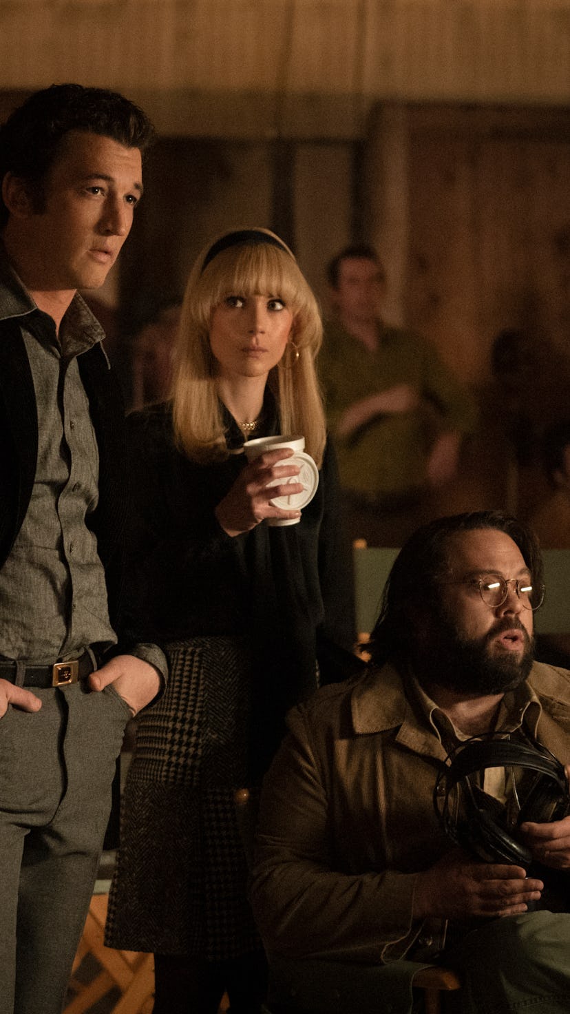 Miles Teller as Al Ruddy, Juno Temple as Bettye McCartt and Dan Fogler as Francis Ford Coppola in 'T...