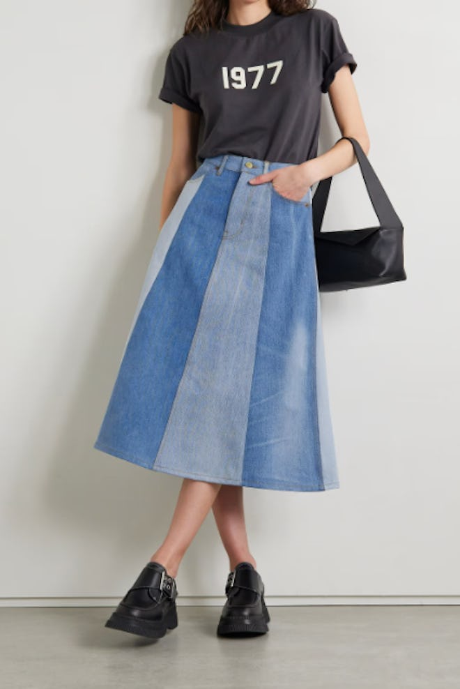 Simone Patchwork Upcycled Denim Midi Skirt