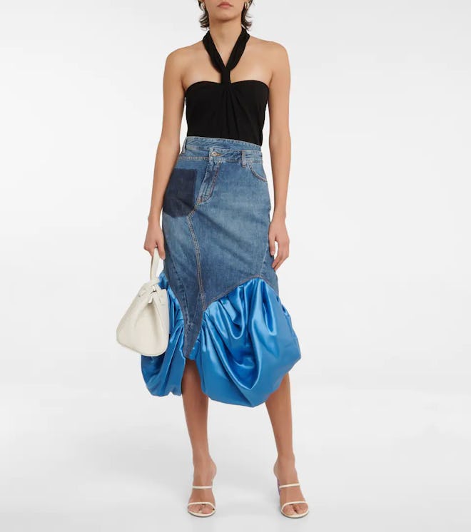 Satin-Trimmed Denim Midi Skirt