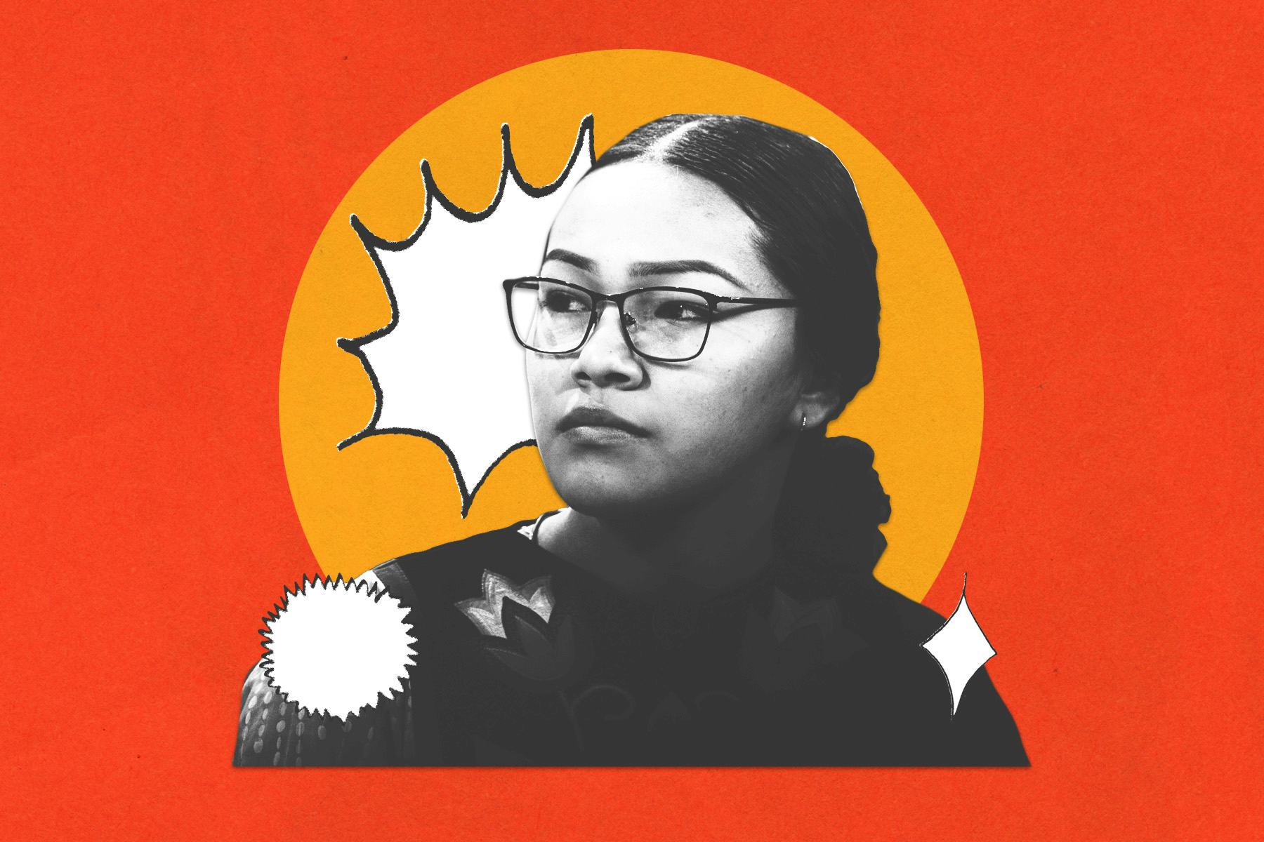 Autumn Peltier with a red, orange and white comic-style background