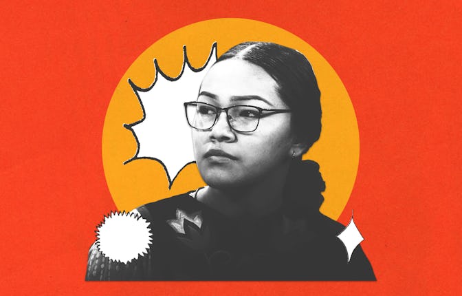 Autumn Peltier with a red, orange and white comic-style background