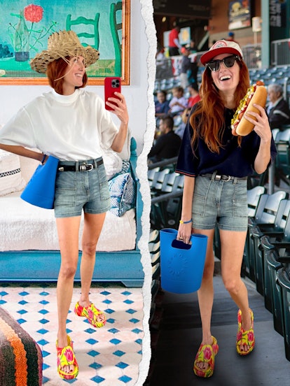 Taylor wearing denim shorts, sandals and hats