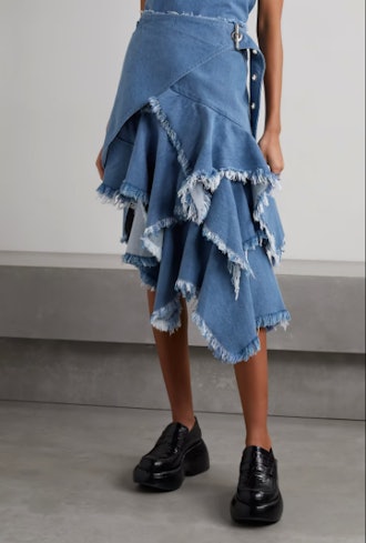 Asymmetric Ruffled Frayed Denim Wrap Skirt