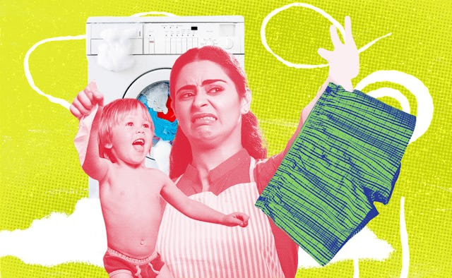Disgusted by pinworms mom doing laundry while carrying her son