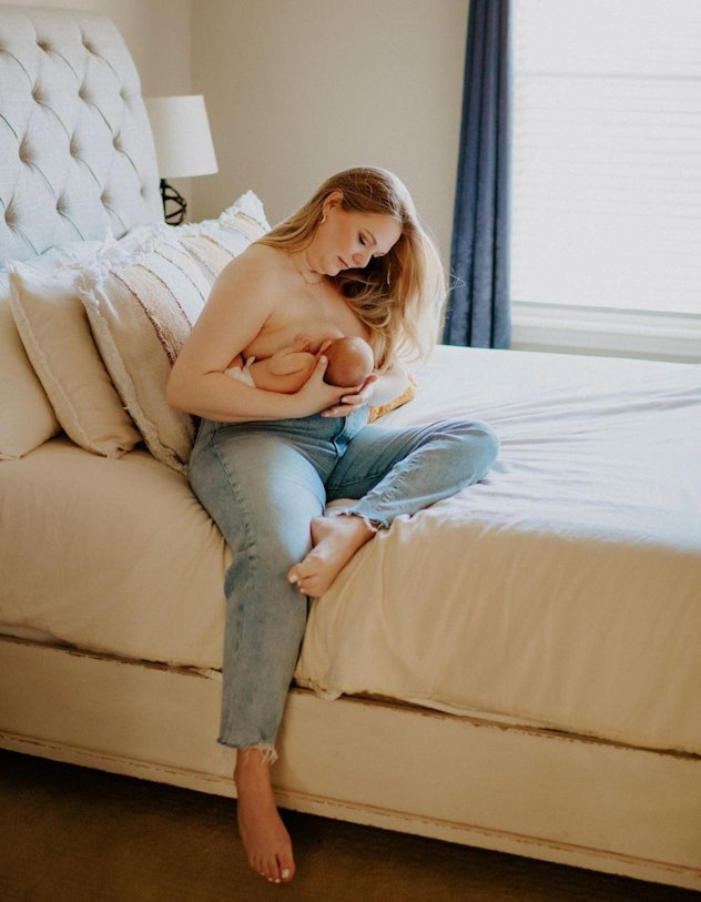 breastfeeding photoshoot ideas of mom and baby on a bed