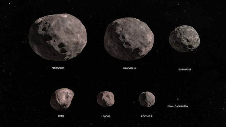 Seven space rocks of different sizes, all round and resembling the texture of a potato.