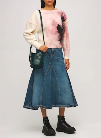 Cotton Denim Flared Midi Skirt
