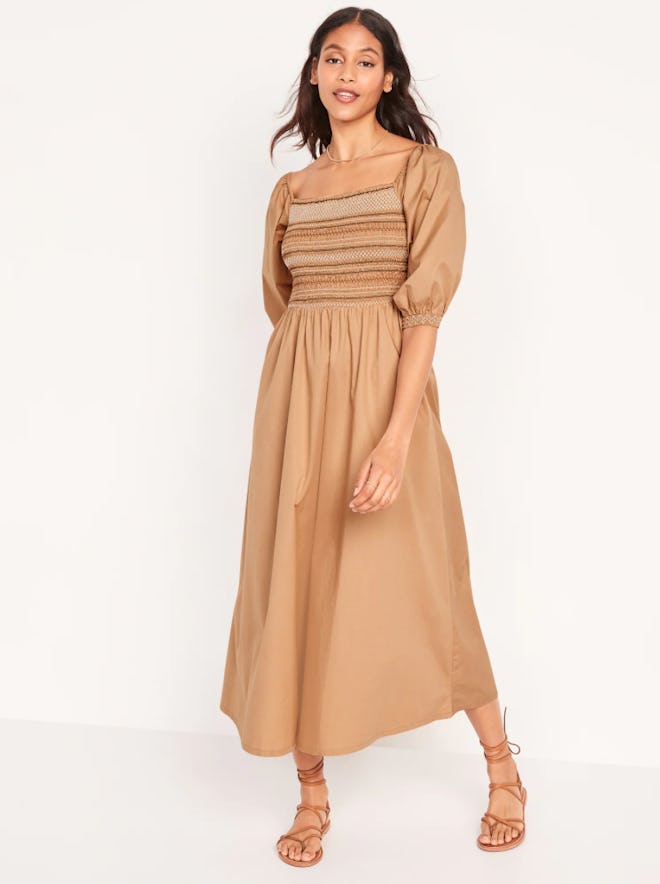 Fit & Flare Cotton-Poplin Smocked Off-the-Shoulder Maxi Dress in Wrapping Paper