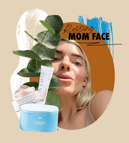 A woman with no makeup on, an SPF cream, a scrub and dishwasher tablets with "resting mom face" abov...