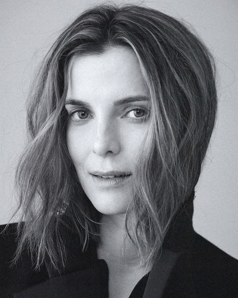 Portrait of Betty Gilpin in black and white.