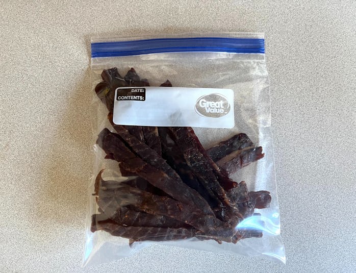 Dehydrated beef jerky in the NESCO’s FD-75PR 5 Tray Food & Jerky Dehydrator 