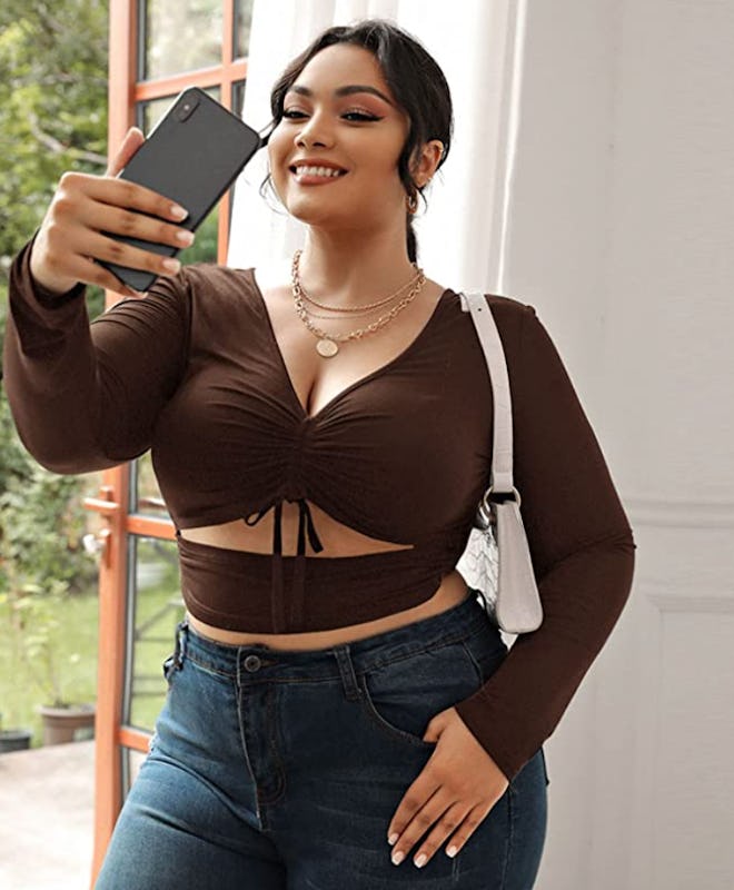 Romwe Ruched Long Sleeve Crop Top