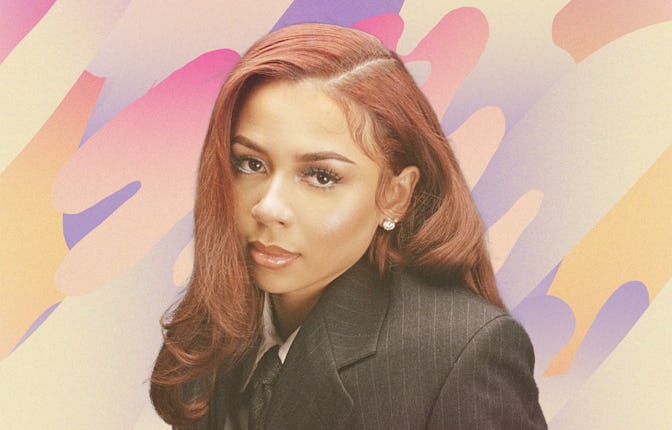 Mariah the Scientist in a striped black blazer with a pastel collage background