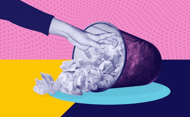 An illustration of a mother's hand throwing her kid’s art drawings in a garbage bin collage in pink,...