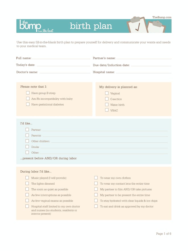 This printable birth plan template is six pages long, so it covers every possible detail you could w...