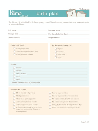 This printable birth plan template is six pages long, so it covers every possible detail you could w...