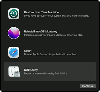 Select “Disk Utility” in this window to start the reset process.