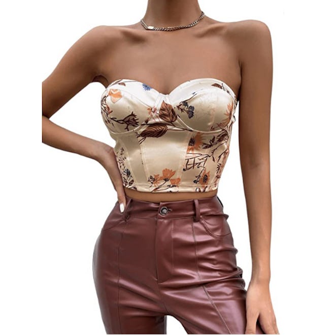 Romwe Floral Corset Tube Top 