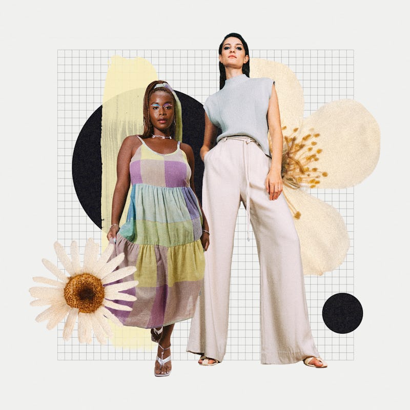 A collage of a a pastel checked dress, a mode in a beige top and pants, and two flowers