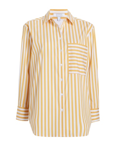 oversize button-down shirt outfits 2022 yellow striped shirt